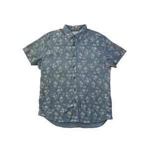 Men L Double Cloth Grayers Cotton Short Slv Blue Palm Print Shirt Top Button-Up